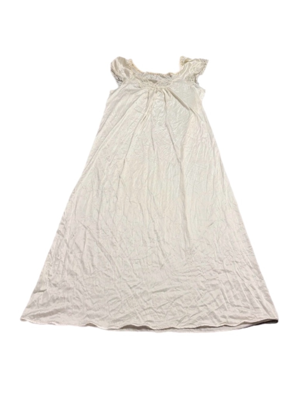 80s British Vintage BHS Silky Lace Trim Maxi Slip Nightgown (Ivory) Size M